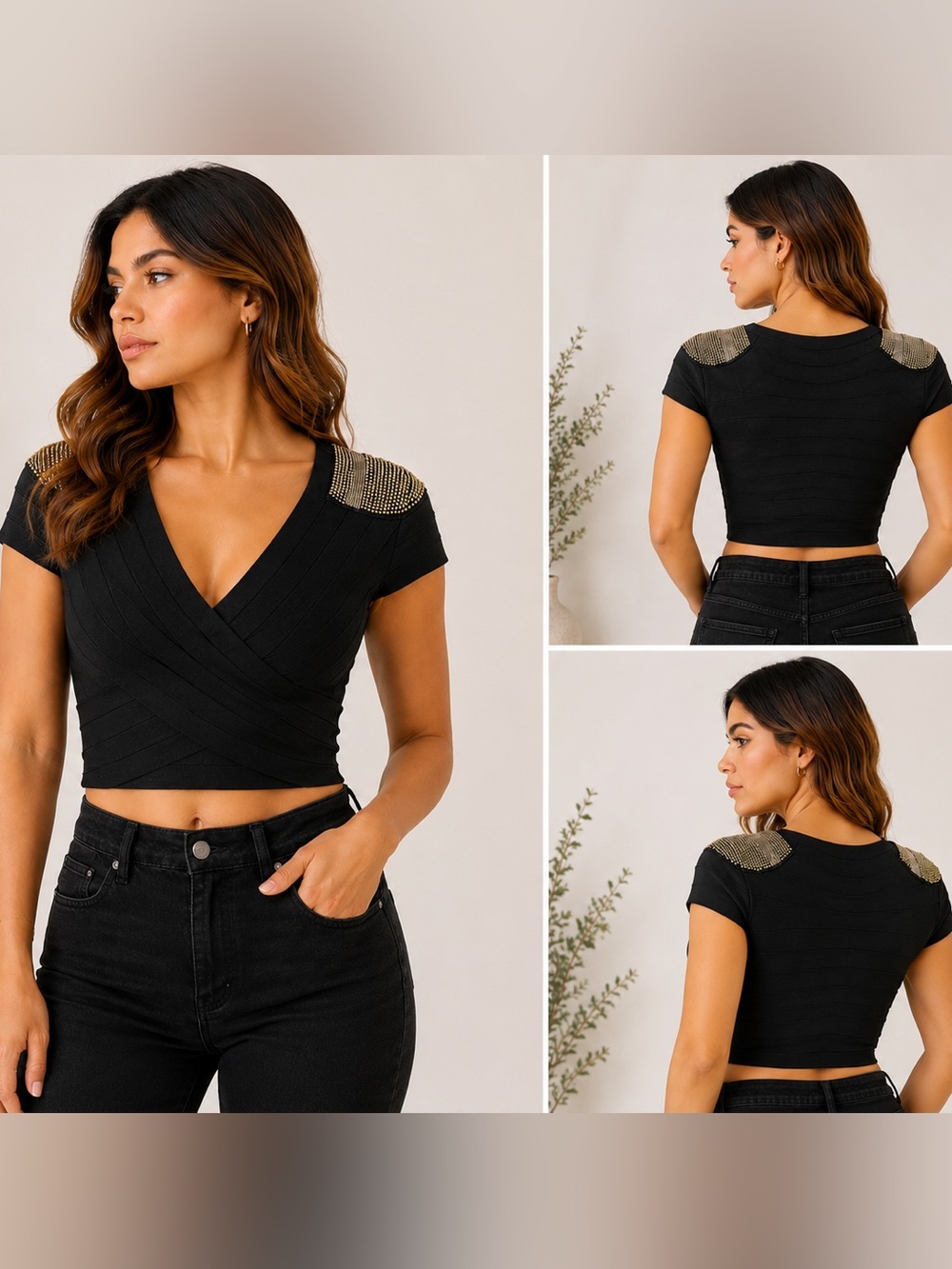bebe Black Cropped V-Neck Top with Gold Embellished Shoulders